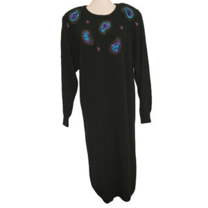 VINTAGE 80s Sequin Beaded Maxi Sweater Dress Long Sleeve Medium